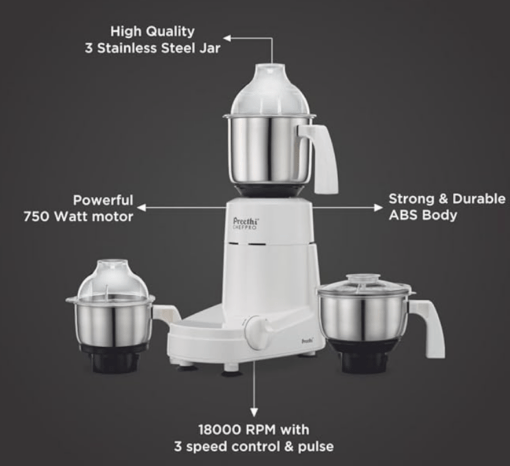 Preethi Eco Plus MG 157 mixer grinder, 750 watt, 4 jars includes Super Extractor juicer Jar , White - Image 3